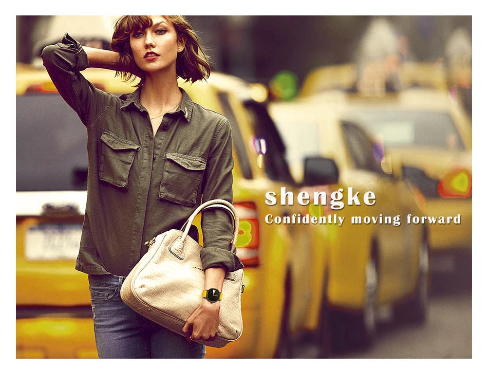 Shengke Hot Women Watch Creative Wristwatch Ladies Watch Rotate Yellow Leather Band Wristwatches Clock Montres Femme Reloj Mujer