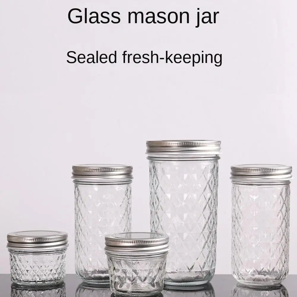 120ml-650ml Transparent Glass Sealed Bottle Mason Jar Diamond Pattern Jam Juice Bottle Labelable Seal Bottle Kitchen Tool