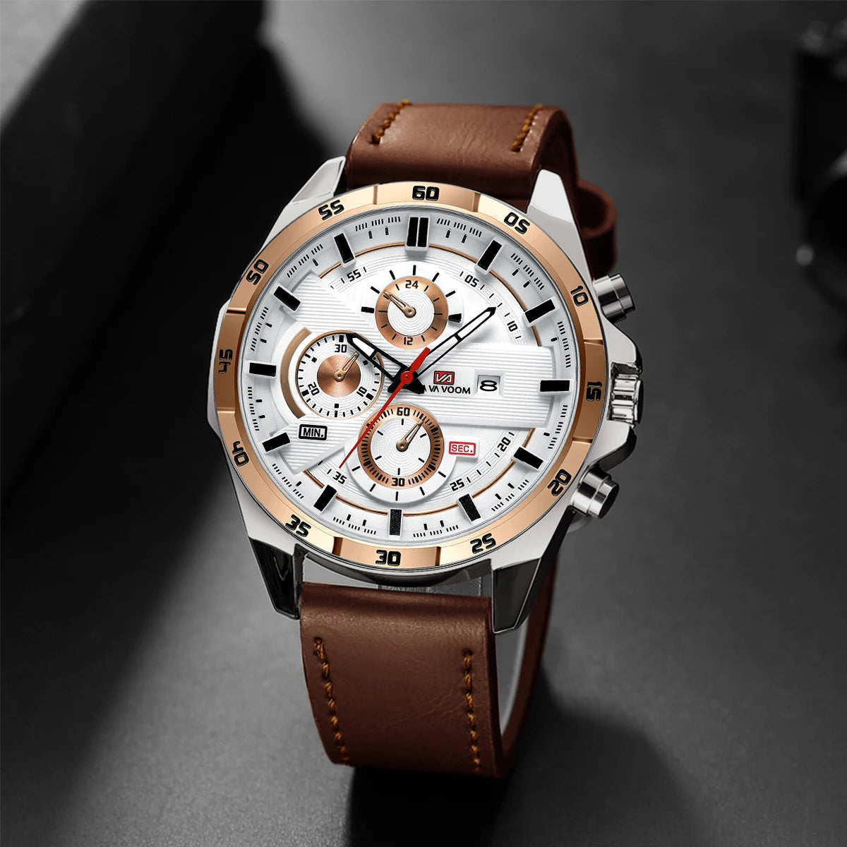Top Men Watch Sports Style 46mm Large Leather Racing Style Casual Fashion Original Black Rose Gold Calendar Quartz Watch Relogio