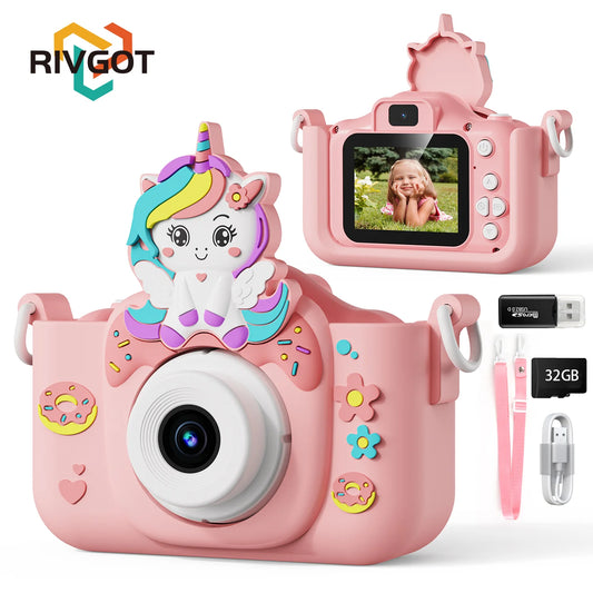 Kids Camera Toys 2-Inch IPS Screen Digital Cameras Photography Selfie With 32GB Card Educational Game for Girl Boy Birthday Gift