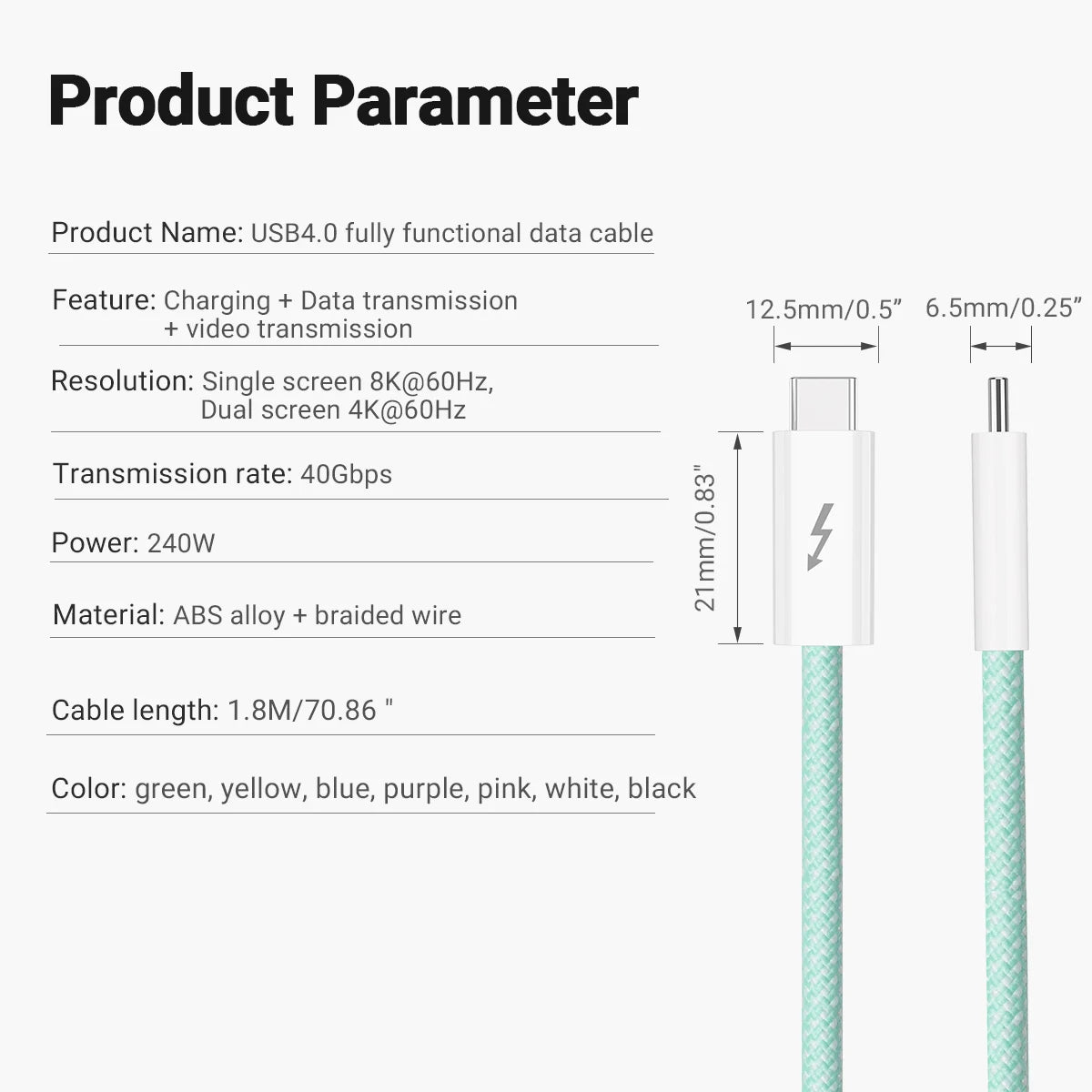 USB4 Fully Functional Data Cable with 8K60Hz Video Output, 40Gbps Data Transmission, PD Charing, 1.8m USB-C to USB-C Data Cable