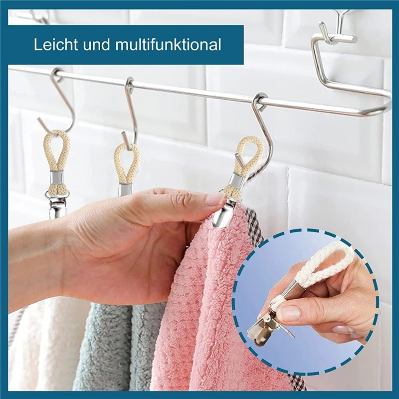 2PCS Towel Clips Braided Cotton Loop Towel With Metal Clamp Multi Purpose Hooks Socks Clothes Hanger Kitchen Home Storage Clips
