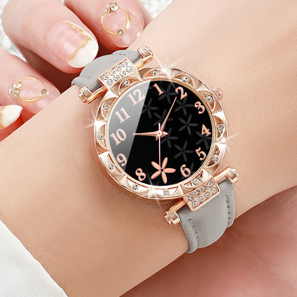 7PCS/Set Fashion Rhinestone Women's Watch Leather Band Female Quartz Watches (Without Box）