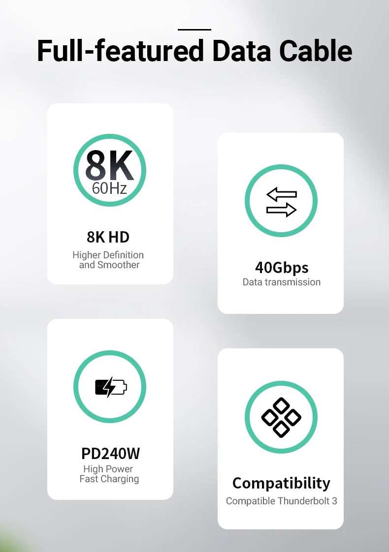 USB4 Fully Functional Data Cable with 8K60Hz Video Output, 40Gbps Data Transmission, PD Charing, 1.8m USB-C to USB-C Data Cable