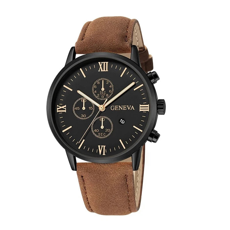 1PC Men's Watch Casual Leather Band Analog Quartz Watches with Calendar