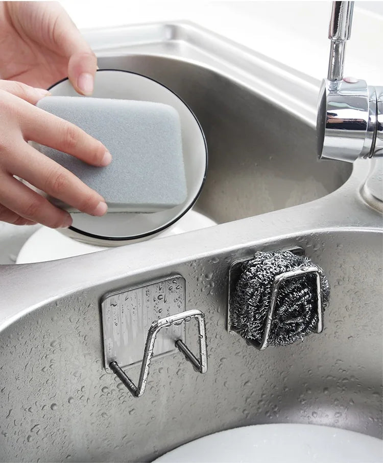 Kitchen Stainless Steel Sink Sponges Holder Self Adhesive Drain Drying Rack Kitchen Wall Hooks Accessories Storage Organizer