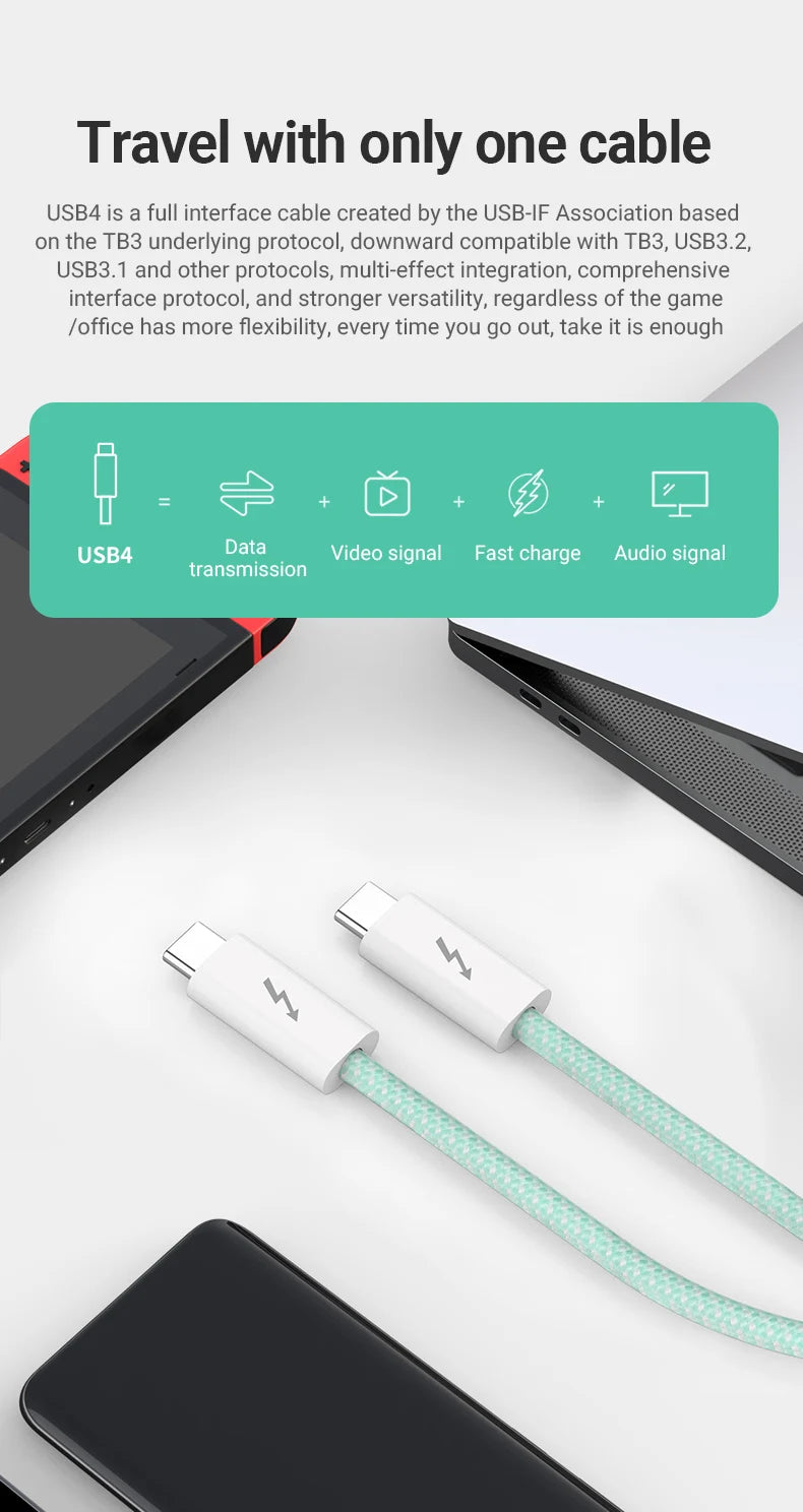 USB4 Fully Functional Data Cable with 8K60Hz Video Output, 40Gbps Data Transmission, PD Charing, 1.8m USB-C to USB-C Data Cable