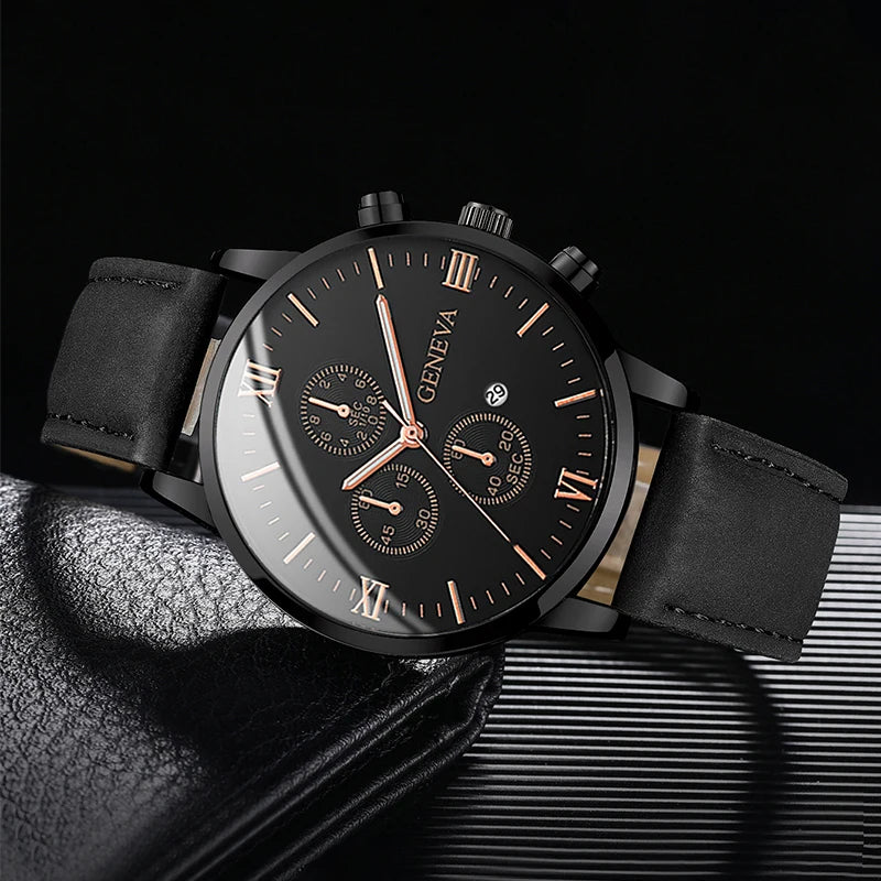 1PC Men's Watch Casual Leather Band Analog Quartz Watches with Calendar