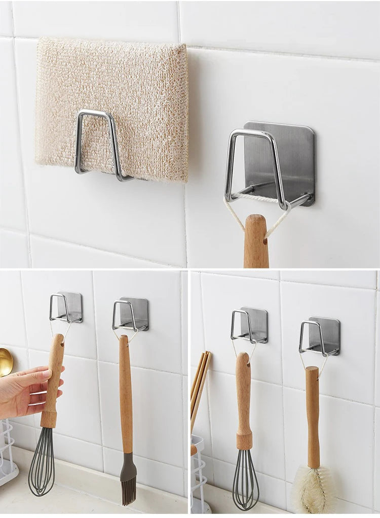 Kitchen Stainless Steel Sink Sponges Holder Self Adhesive Drain Drying Rack Kitchen Wall Hooks Accessories Storage Organizer
