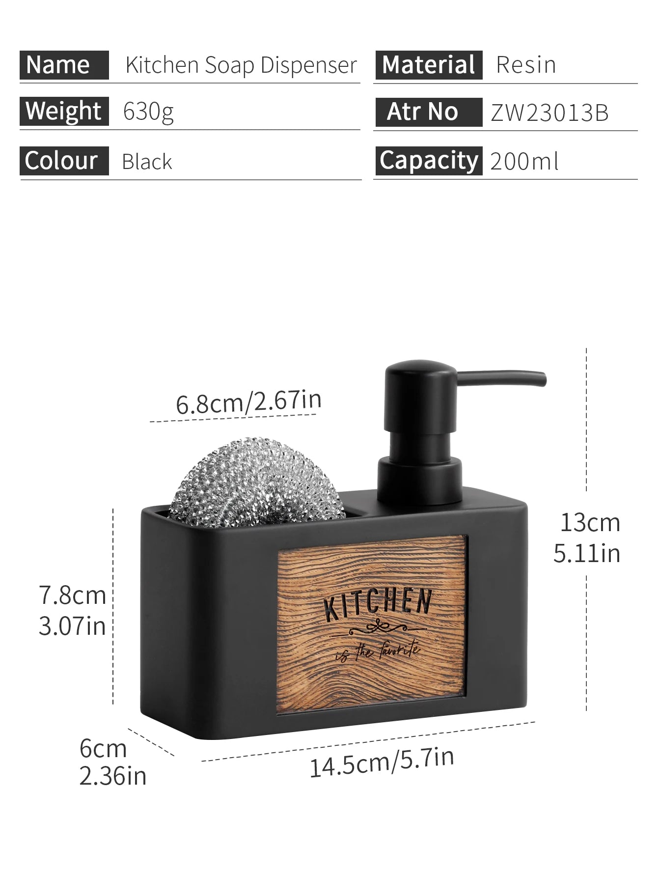 Kitchen Soap Dispenser with Sponge Holder Liquid Hand and Dish Soap Dispenser and Spong Caddy Black and White