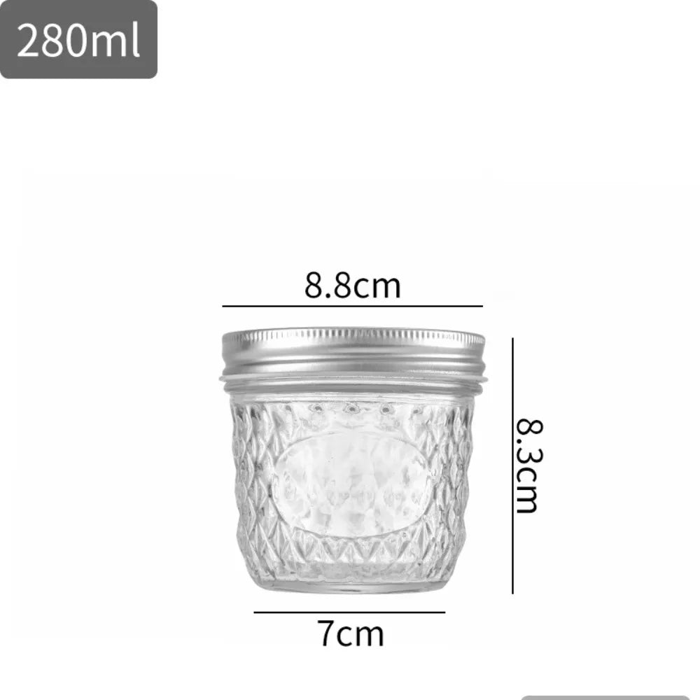 120ml-650ml Transparent Glass Sealed Bottle Mason Jar Diamond Pattern Jam Juice Bottle Labelable Seal Bottle Kitchen Tool