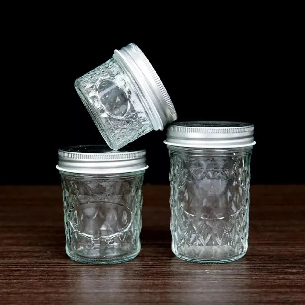 120ml-650ml Transparent Glass Sealed Bottle Mason Jar Diamond Pattern Jam Juice Bottle Labelable Seal Bottle Kitchen Tool