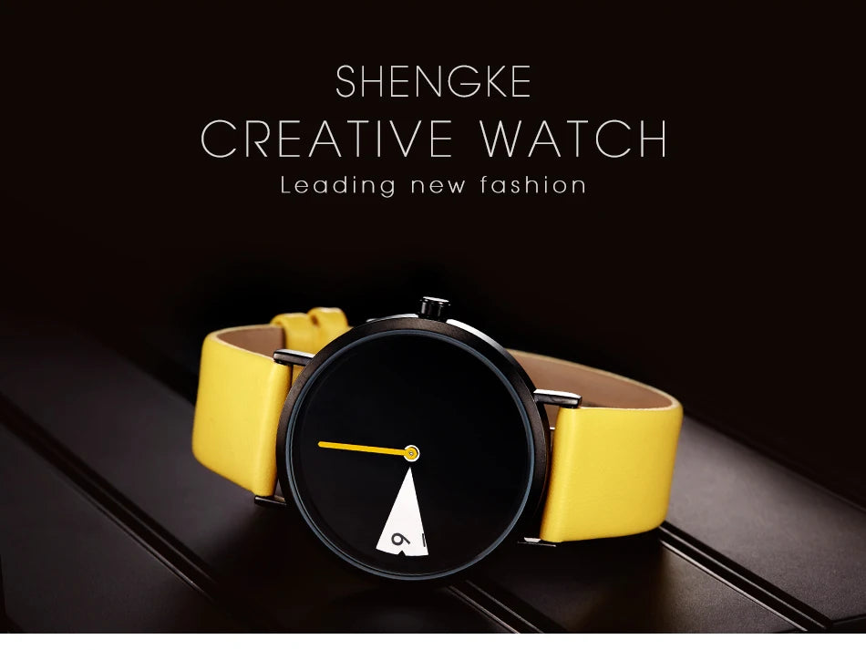 Shengke Hot Women Watch Creative Wristwatch Ladies Watch Rotate Yellow Leather Band Wristwatches Clock Montres Femme Reloj Mujer