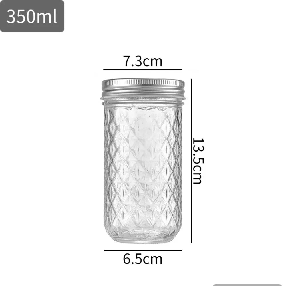 120ml-650ml Transparent Glass Sealed Bottle Mason Jar Diamond Pattern Jam Juice Bottle Labelable Seal Bottle Kitchen Tool