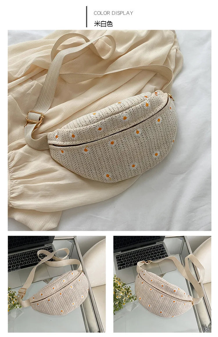 Women's Waist Bag Straw Woven Ladies Shoulder Crossbody Bags for Women 2023 Summer Fanny Pack Fashion Phone Female Chest Bag