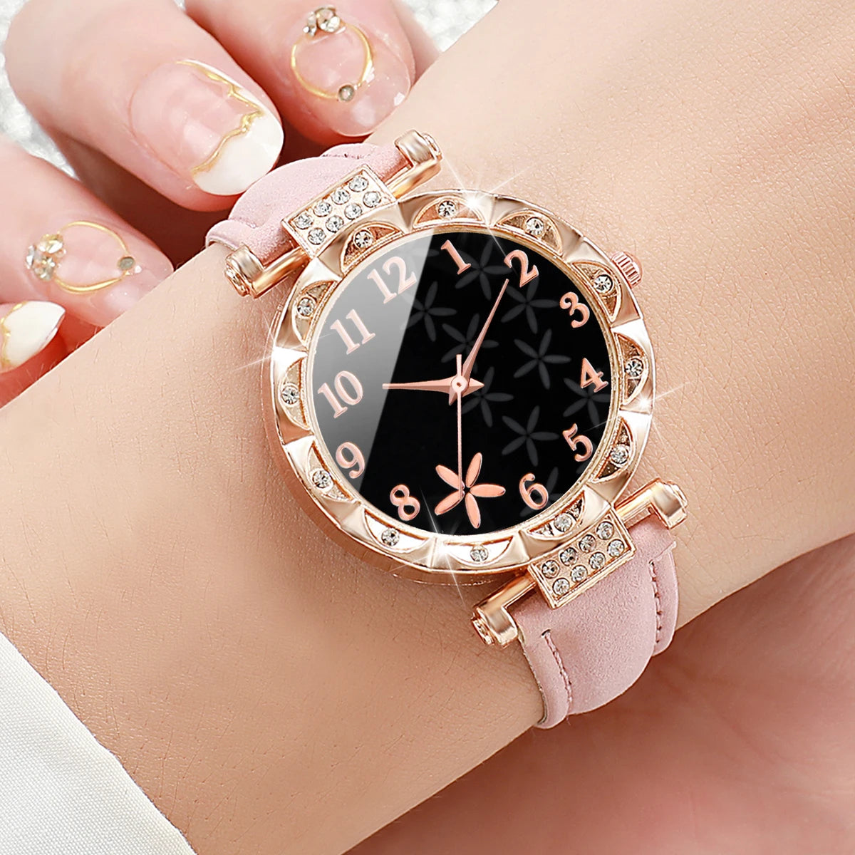7PCS/Set Fashion Rhinestone Women's Watch Leather Band Female Quartz Watches (Without Box）