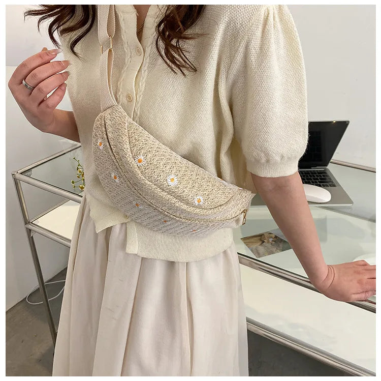 Women's Waist Bag Straw Woven Ladies Shoulder Crossbody Bags for Women 2023 Summer Fanny Pack Fashion Phone Female Chest Bag