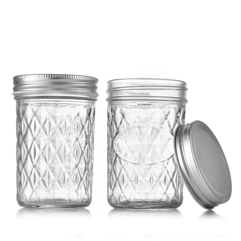 120ml-650ml Transparent Glass Sealed Bottle Mason Jar Diamond Pattern Jam Juice Bottle Labelable Seal Bottle Kitchen Tool