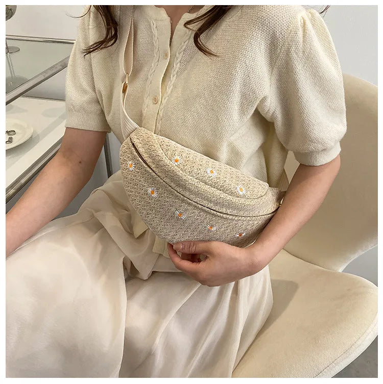 Women's Waist Bag Straw Woven Ladies Shoulder Crossbody Bags for Women 2023 Summer Fanny Pack Fashion Phone Female Chest Bag