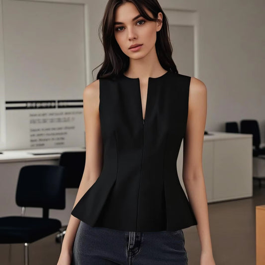 Women's Elegant Slim-fit Short Skirt Hem Round Neck Pleated Top