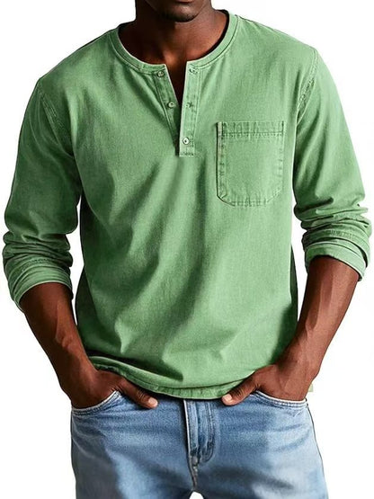Camiseta Masculina Manga Longa com Decote em V e Botões – Estilo Casual
