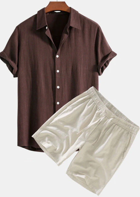 Men's Solid Color Casual Short-sleeved Shirt Shorts Suit