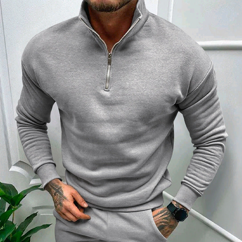 Solid Color Zipper Sweatshirt Men's Autumn And Winter Fleece-lined Long Sleeve Tops