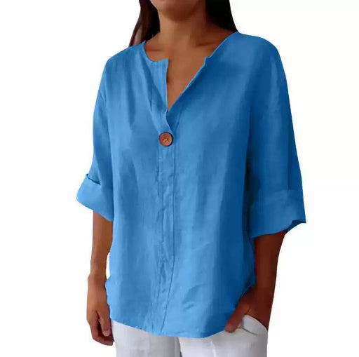 V-neck Long-sleeved T-shirt Fashion Loose Cotton And Linen Button Tops For Women