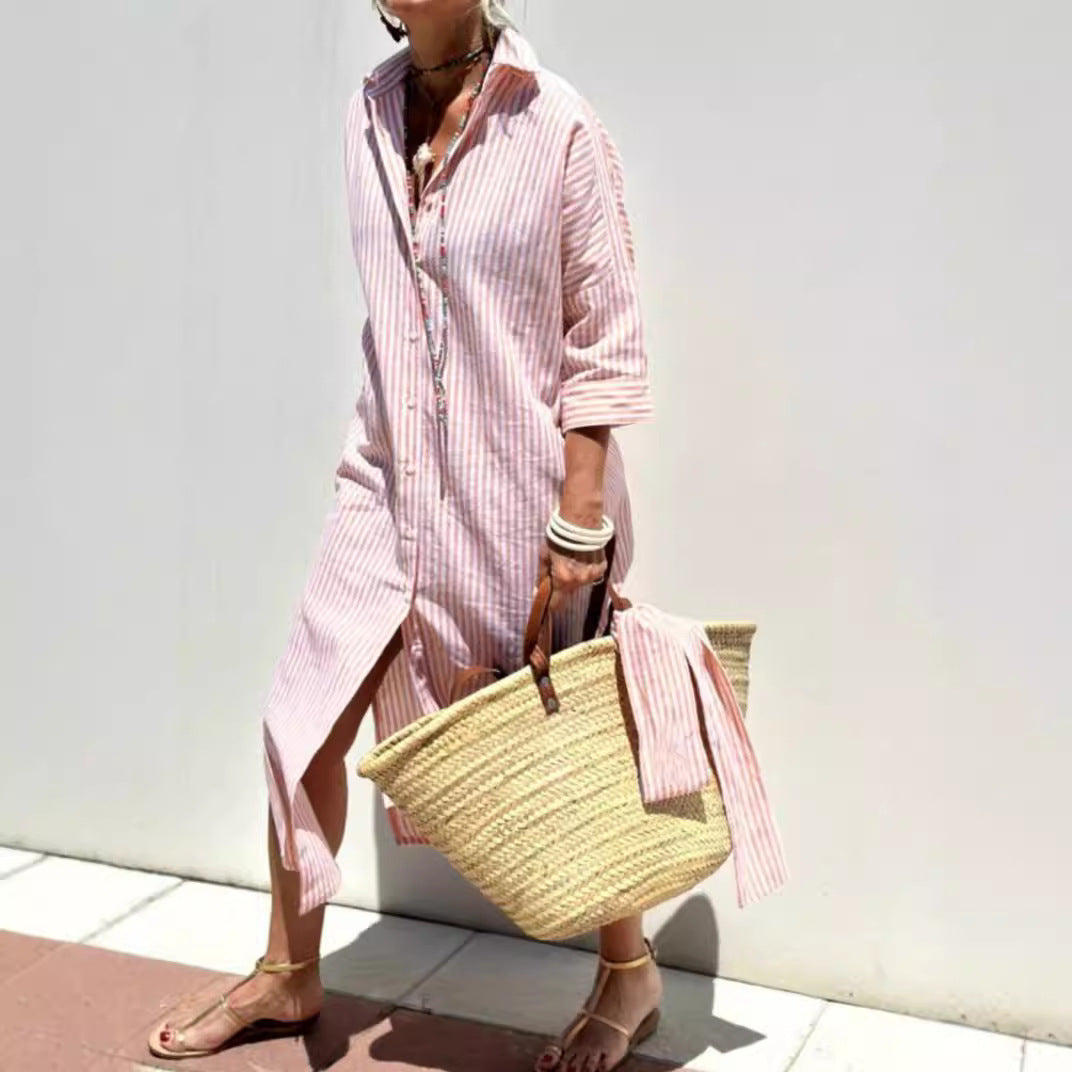 Striped Shirt Dress With Belt Fashion Half-sleeved Lapel Button Cardigan Dresses Women's Clothing