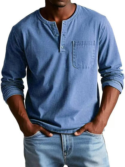 Camiseta Masculina Manga Longa com Decote em V e Botões – Estilo Casual