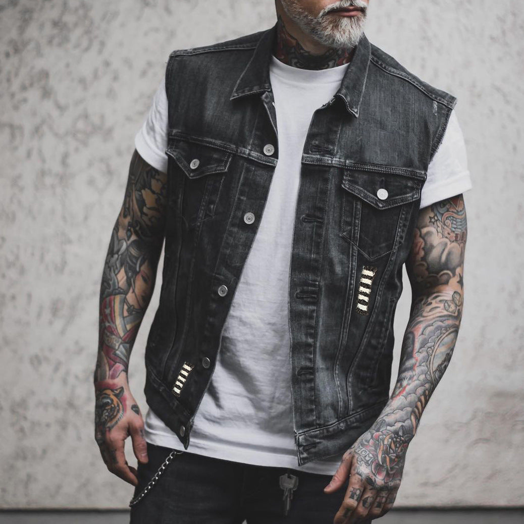 Casual Fashion Motorcycle Bone Print Men's Denim Vest