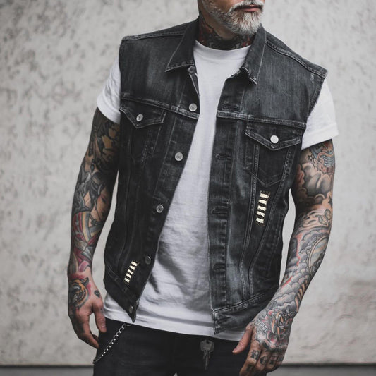 Casual Fashion Motorcycle Bone Print Men's Denim Vest