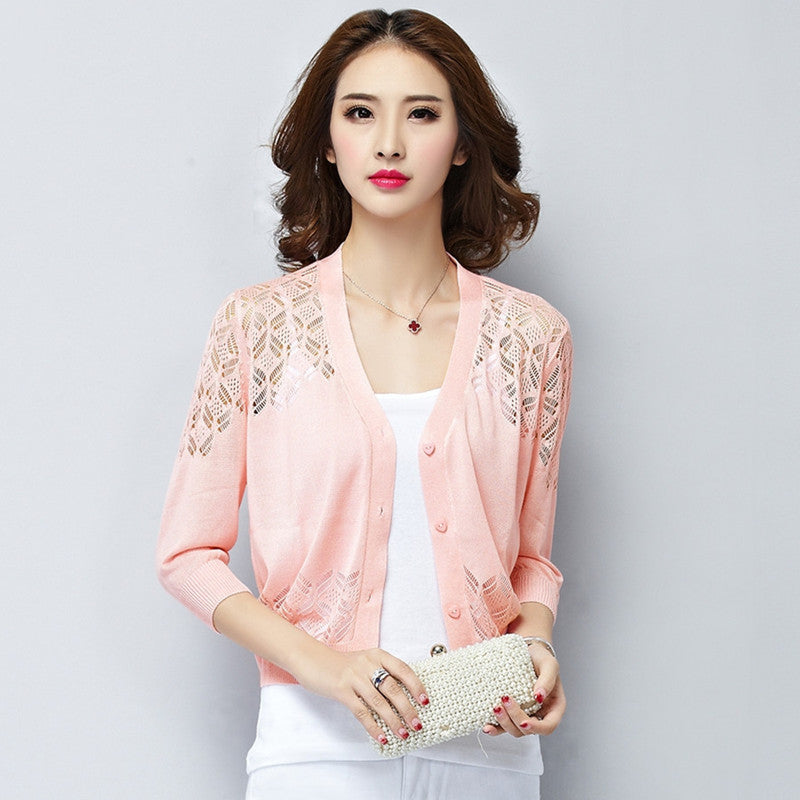 V-neck Short Outer Wear Cardigan Hollow-out Knitted Coat