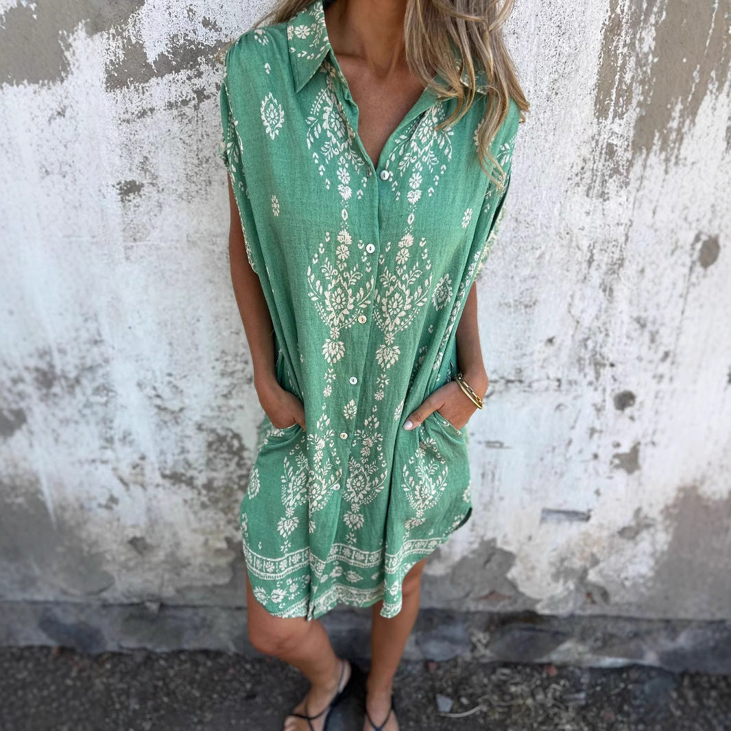 Loose Lapel Sleeveless Shirt Dress With Button Fashion Ethnic-style Printed Button Dresses For Beach