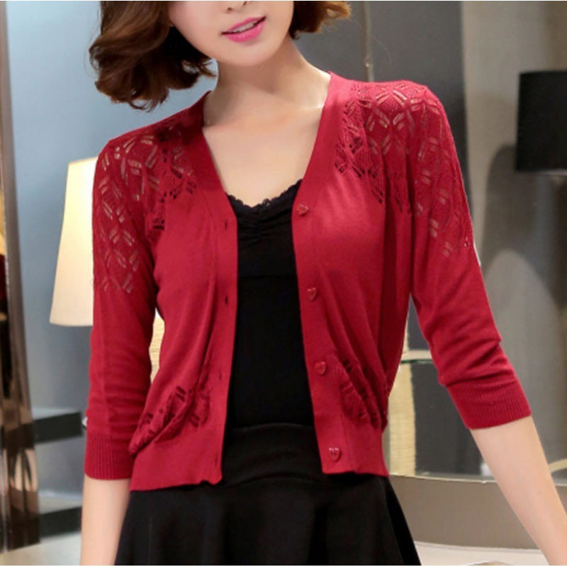 V-neck Short Outer Wear Cardigan Hollow-out Knitted Coat