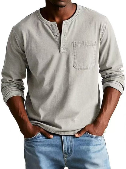 Camiseta Masculina Manga Longa com Decote em V e Botões – Estilo Casual
